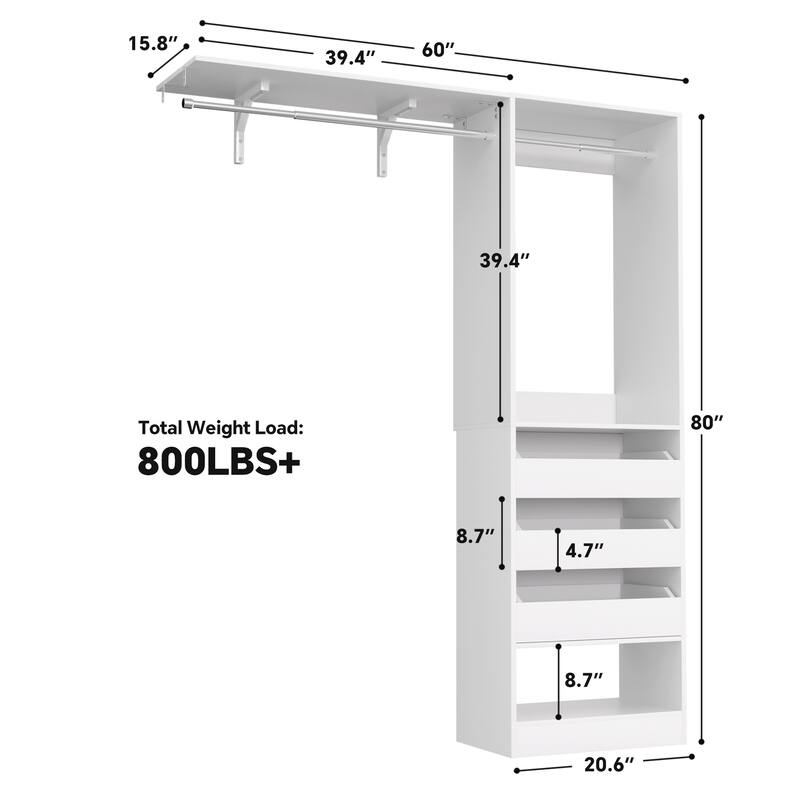 20"-60" Closet System with 3 Wooden Drawers and Sturdy Shelves and Retractable Rods