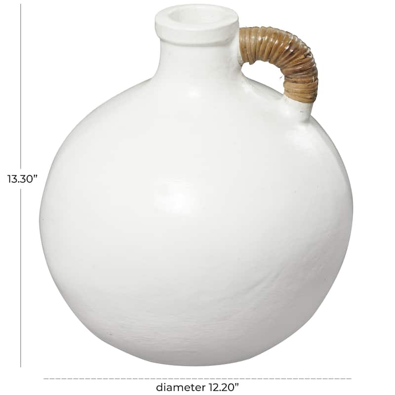 White Ceramic Jug Inspired Decorative Vase with Rattan Wrapped Handle