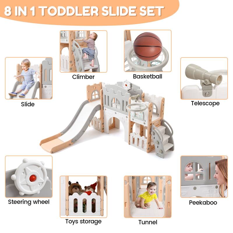 8 in 1 Toddler Slide Indoor Slide Toddler Playset for Toddlers 1-3