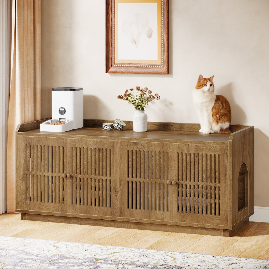 2 Cats Litter Box Enclosure, 55.1-Inch Extra Large Hidden Litter Box Furniture, Wooden XL Cat Washroom Furniture with Storage