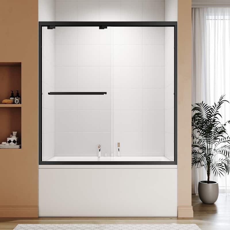 Elegant Double Sliding Shower Door with 1/4 inch Clear Tempered Glass in Matte Black Tub Door