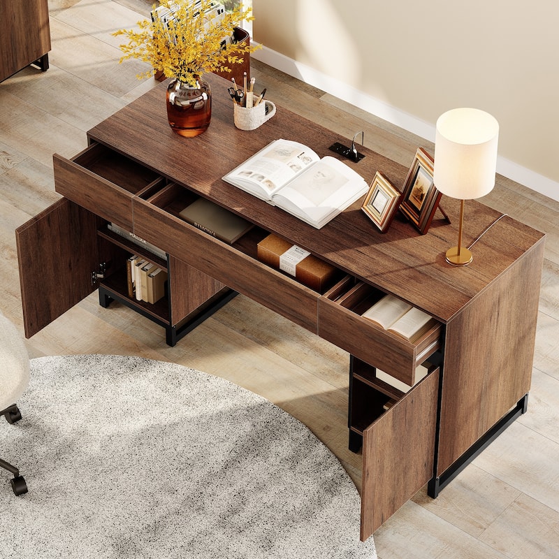 WAMPAT 59" Modern Executive Desk with Charging Station & Storage Cabinet + 72" Tall Bookcases.