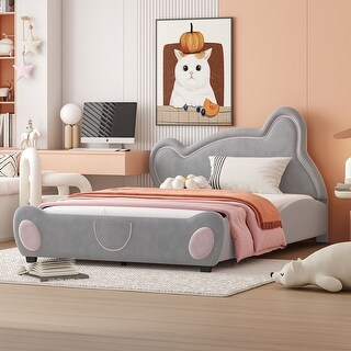 Bear-Shaped Velvet Full Size Platform Bed with Storage Pocket