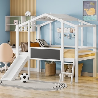 Twin Size Wooden Loft Bed with Ladder, Slide, Blackboard & Light Strip - Perfect for Kids' Bedrooms
