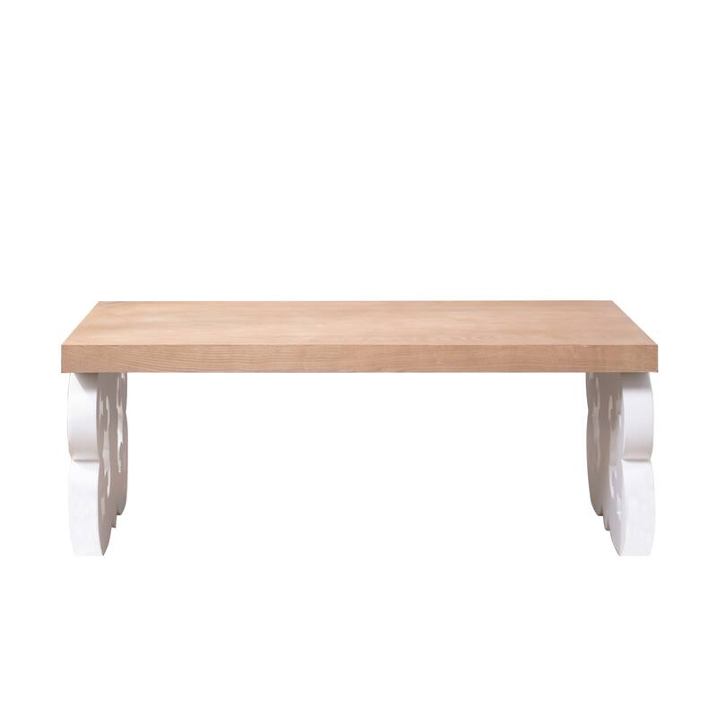 Ornate Wood Coffee Table - 47" Rectangular Farmhouse Style Table with White Carved Base and Natural Wood Top