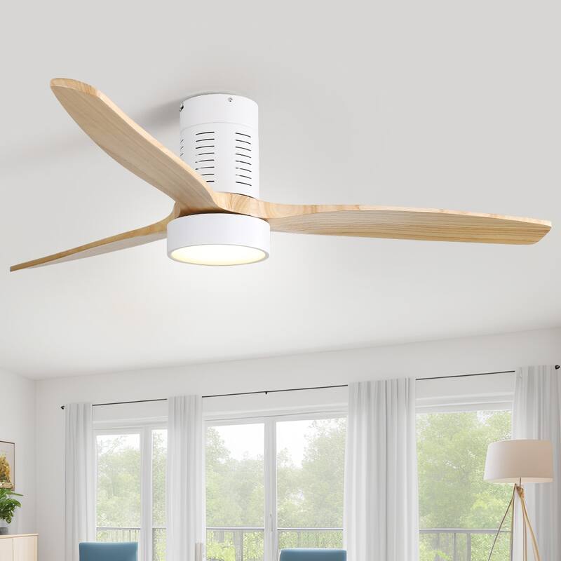 52 Inch Flush Mount Wood Blades White Ceiling Fan Reverse Airflow,6 Wind Speed,Remote Control