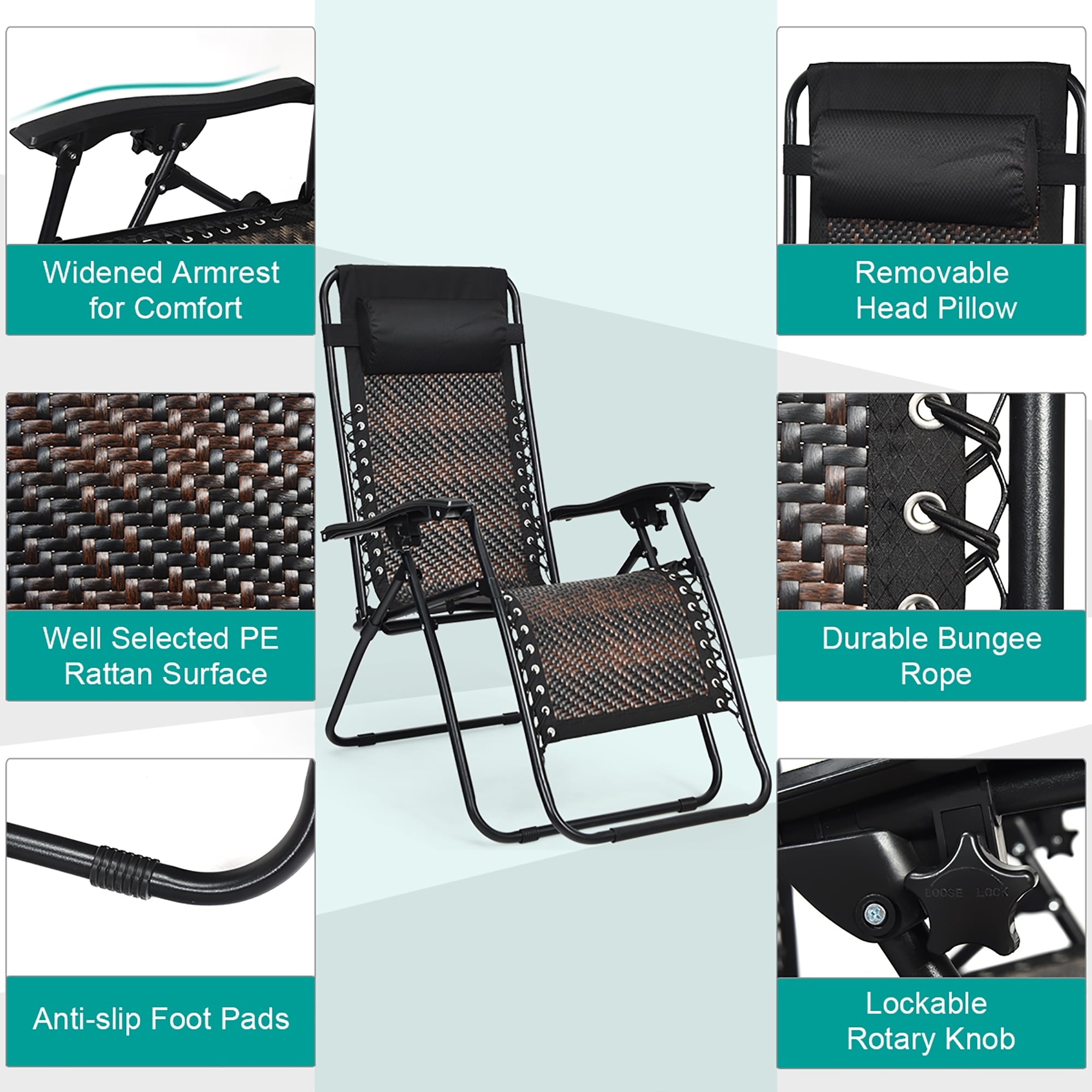 Costway 2PCS Patio Rattan Zero Gravity Lounge Chair Folding