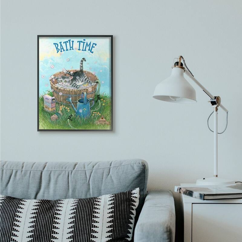 Stupell Bath Time Funny Cat Cartoon Pet Design Framed Wall Art