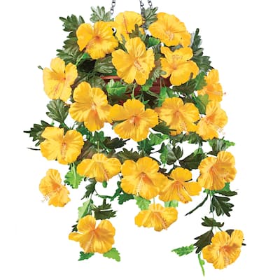 Hanging Artificial Tropical Hibiscus Bush Basket Set - 12.500 x 10.000 x 2.250