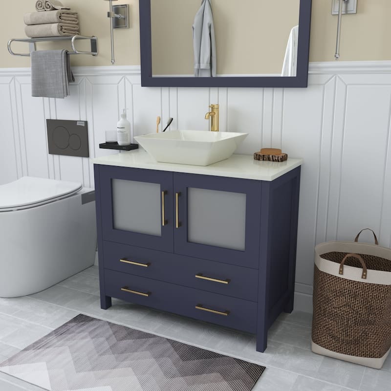 Vanity Art 36" Single Sink Bathroom Vanity Set with Engineered Marble Top Free Mirror - 36 x 18.5 x 36 Inches