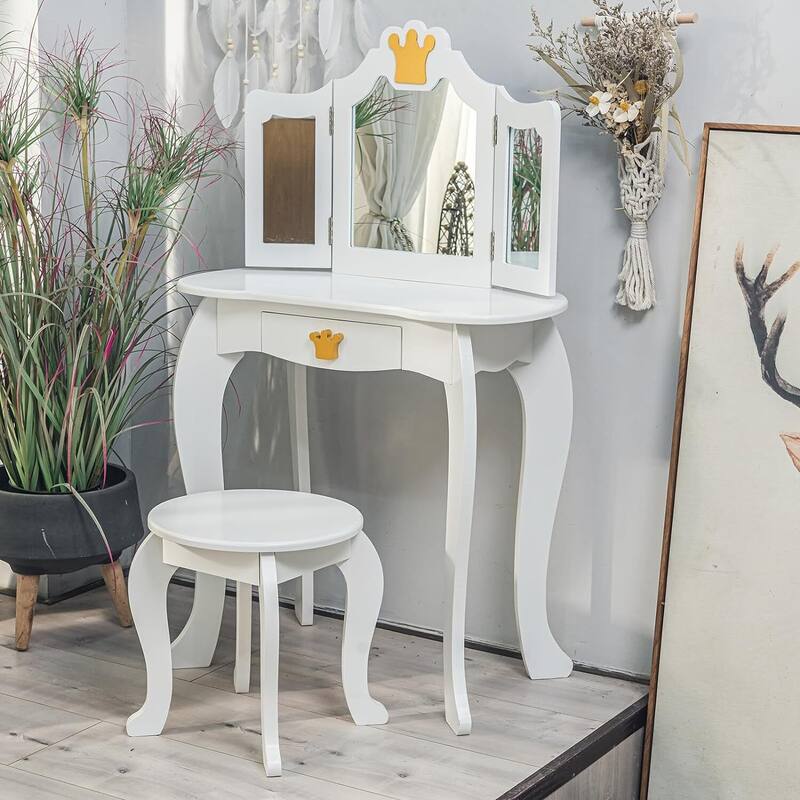 Kids Vanity Table with Tri-Folding Mirror & Drawer Makeup Desk