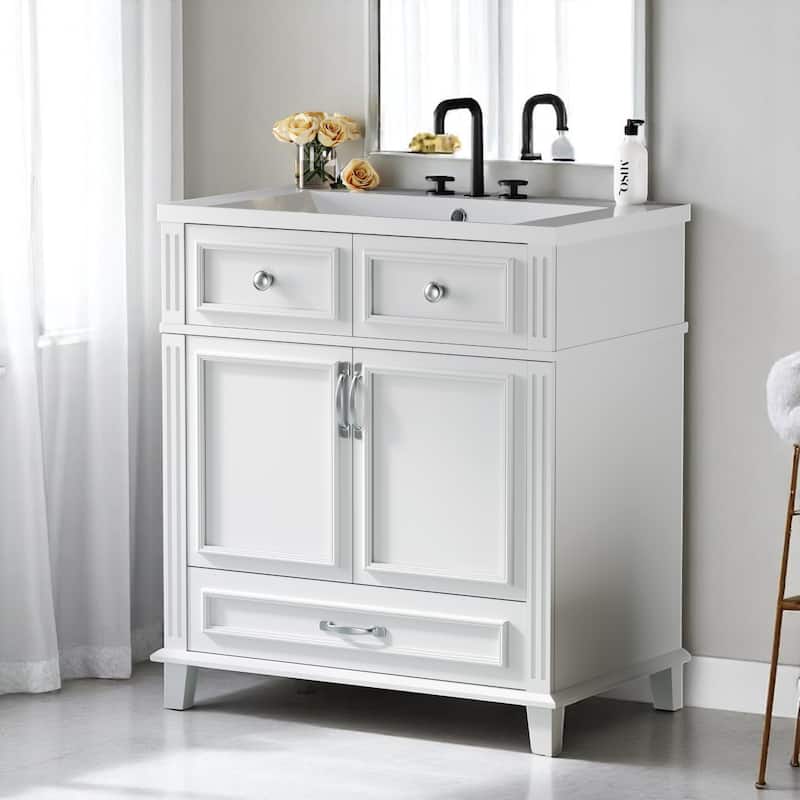 30 Inch Freestanding Bathroom Vanity with Resin Top, Solid Wood & MDF Cabinet, Vintage Design, 1 Drawer 2 Doors