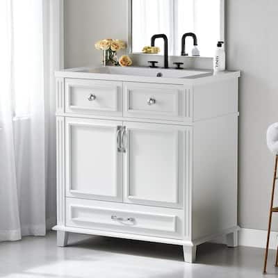 30 Inch Freestanding Bathroom Vanity with Resin Top, Solid Wood & MDF Cabinet, Vintage Design, 1 Drawer 2 Doors