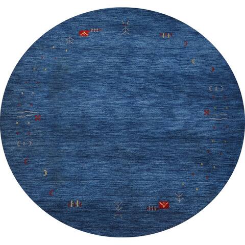 Blue Gabbeh Indian Round Area Rug Hand-knotted Wool Carpet - 4'10" x 4'10"