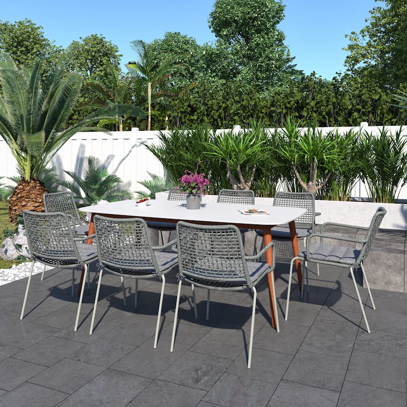Amazonia Outdoor Patio 9-piece Rectangular FSC Certified Wood & Rope Dining Set - White Table & Grey Chairs