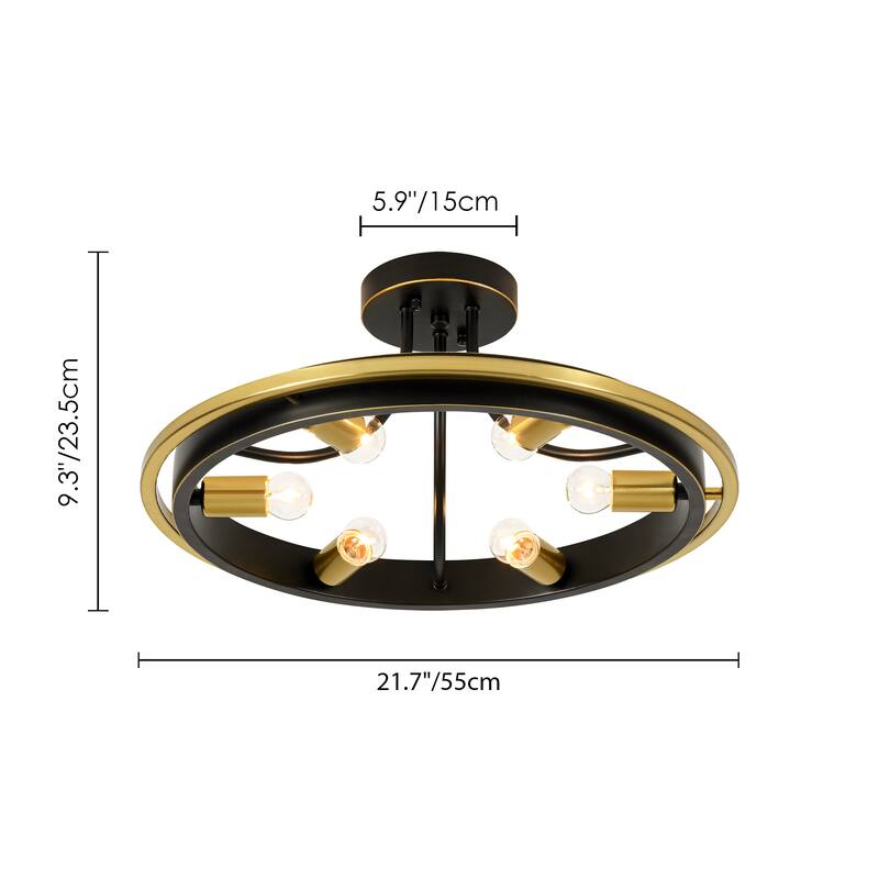21.7" 6-Light Industrial Mette Black & Gold Wagon-Wheel Circle Ring Semi-Flush Mount Ceiling Light for Living Room, Kitchen
