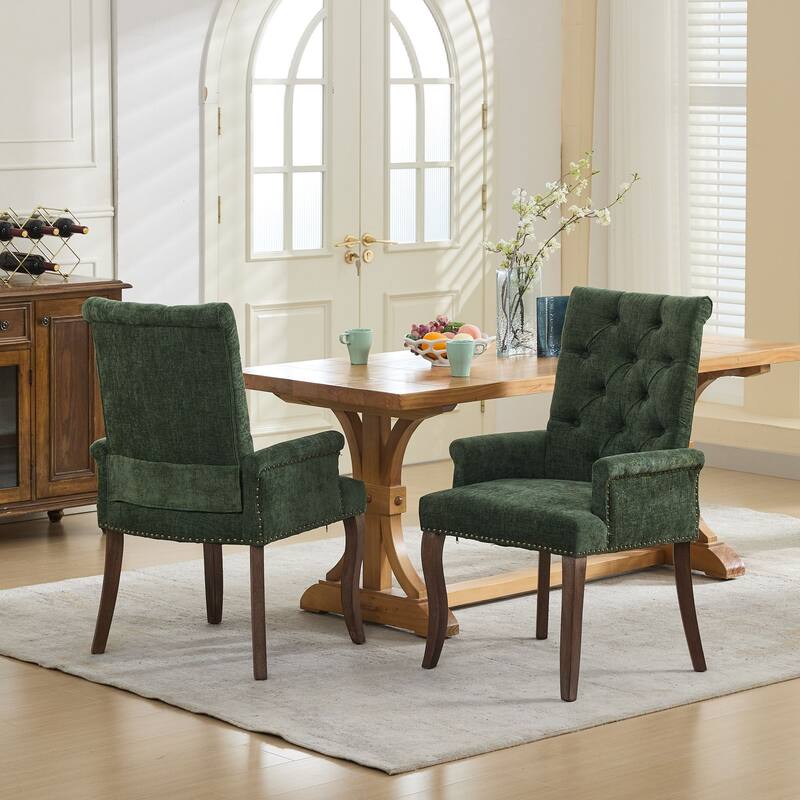 GDF Studio- Chenille Upholstered Dining Chair with Tufted Back & Curved Wood Legs, Single Pack