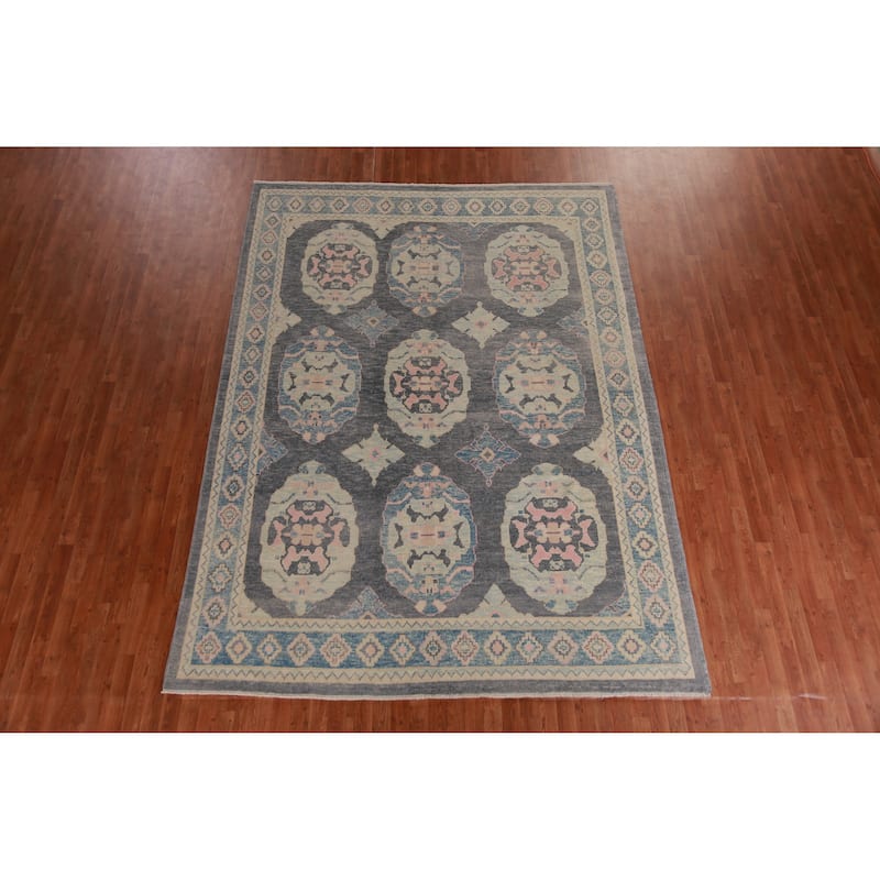 Hand Knotted Oriental 100% Wool Carpet Transitional Geometric Greys & Charcoal Oushak Area Rug - 11' 1'' X 8' 2''