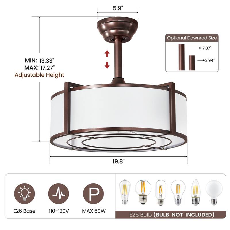 20" Modern Fabric Caged Ceiling Fan Chandelier with Remote - 4-Light