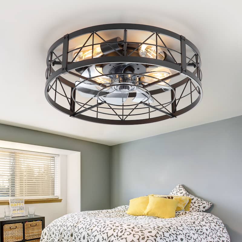 20" 7-Blade Flush Mount Caged Ceiling Fan with Light Remote