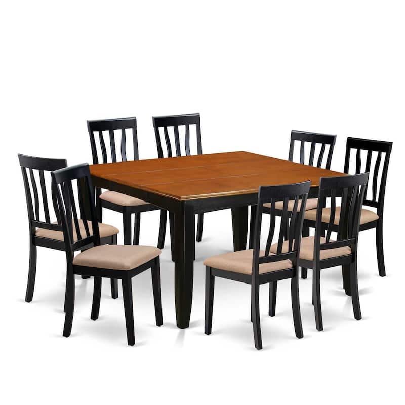 9 Piece Dining Set - Square Table with Leaf & 8 Fabric Chairs - Black Cherry Finish