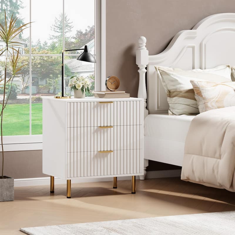 Fluted 3 Drawer Dresser for Bedroom, Modern Wooden Chest with Deep Drawers and Wide Top
