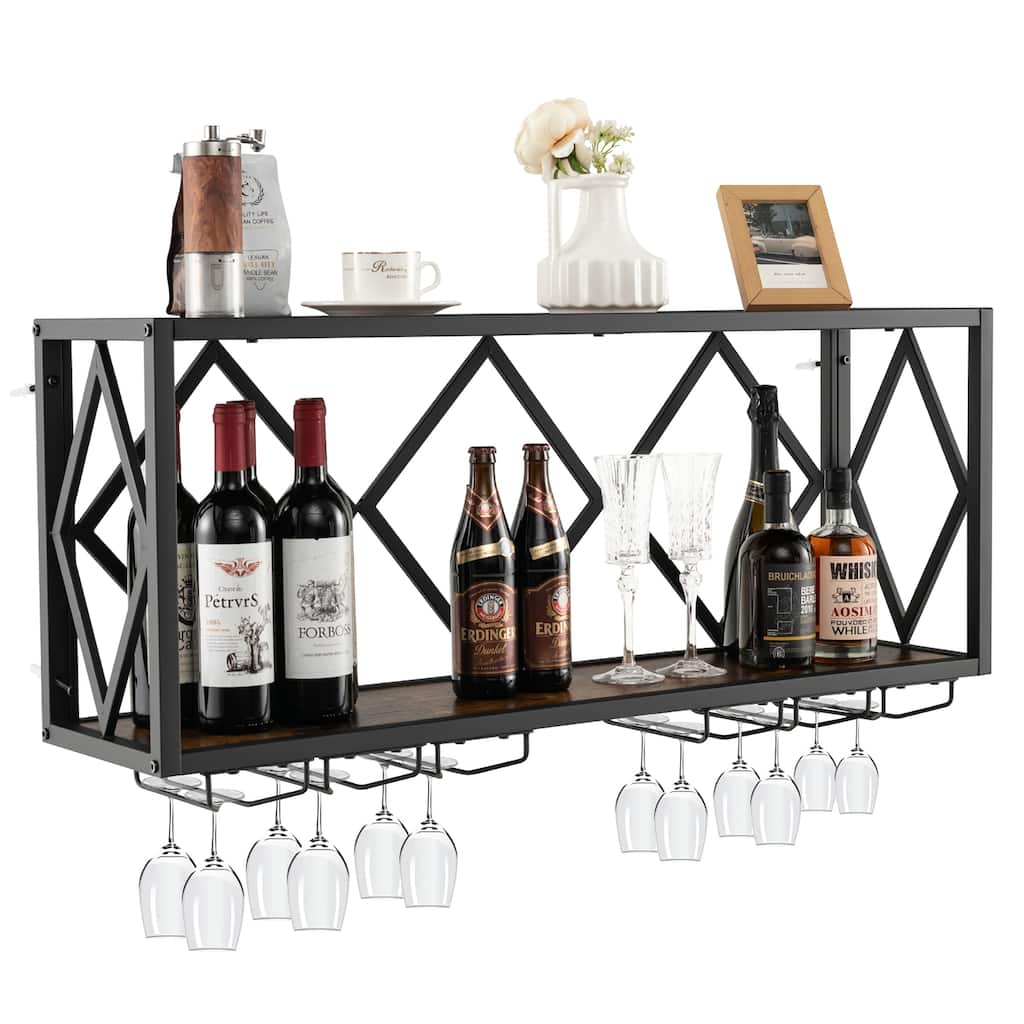 Gymax Wall Mounted Wine Rack Industrial Storage Display Shelf Glass