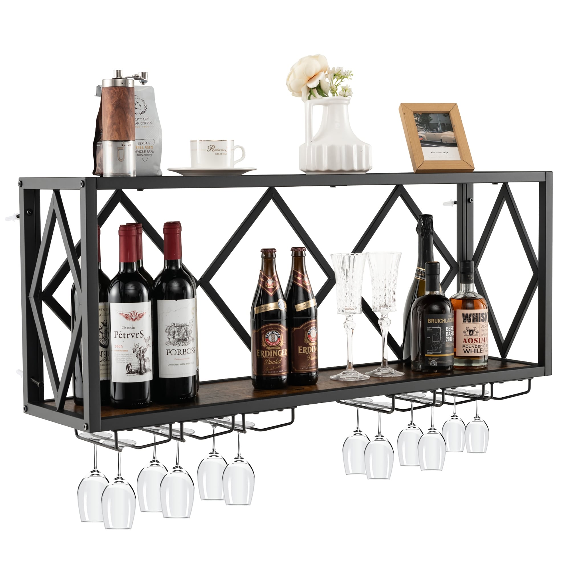 Gymax Wall Mounted Wine Rack Industrial Storage Display Shelf Glass