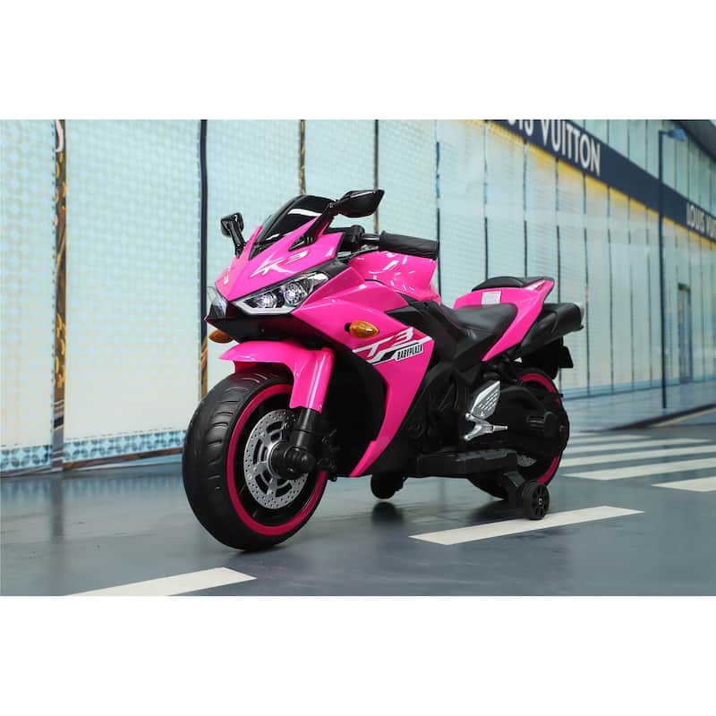 Electric Motorcycle with LED Display, Pink Children's Ride-On Motorcycle with Illuminated Tires, Child Carriage with Handle