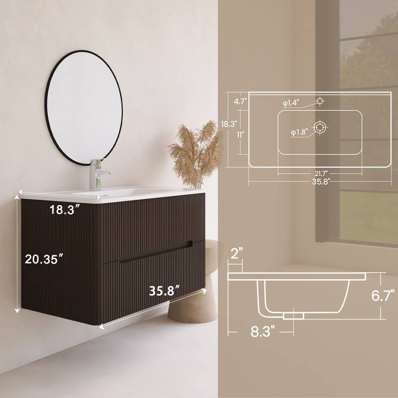Emma 36 inch Wall-Mounted Bathroom Vanity Set with Integrated Ceramic Sink - 36"x18"x20"