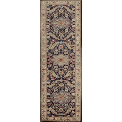 Hand Knotted Oriental 100% Wool Carpet Traditional Floral Navy Blue & Blues Ziegler Runner Rug - 11' 6'' X 3' 0''