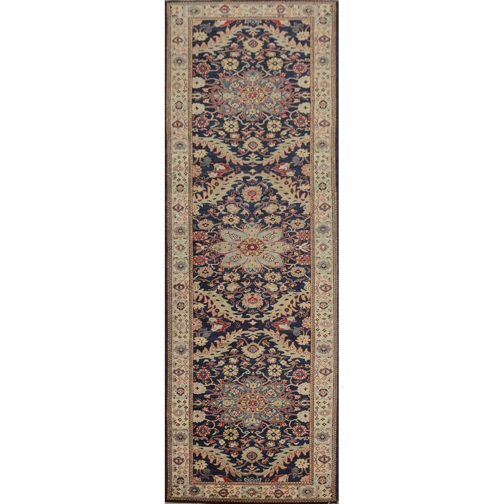Hand Knotted Oriental 100% Wool Carpet Traditional Floral Navy Blue & Blues Ziegler Runner Rug - 11' 6'' X 3' 0''