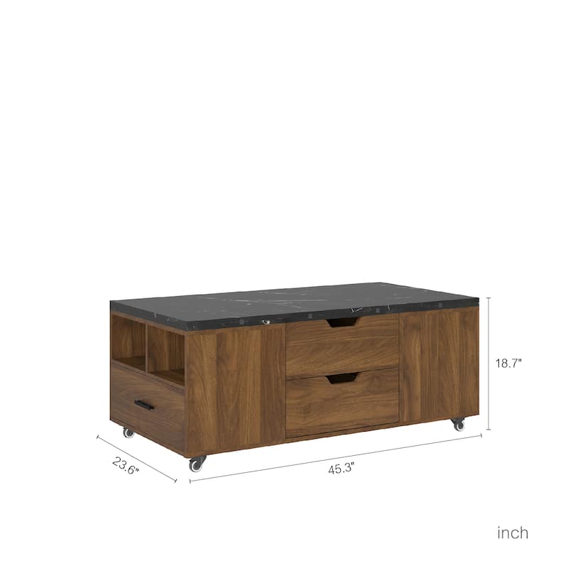 Modern Lift-Up Coffee Table with 2 Stools Set Expandable Hidden Storage + Drawers Space Saving Folding Dining Table