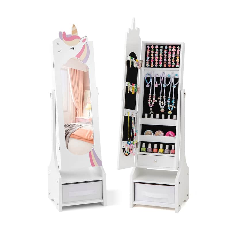 Gymax Kids Jewelry Cabinet w/ Full-Length Mirror 2 Adjustable Tilt - White