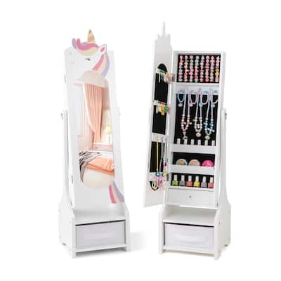 Gymax Kids Jewelry Cabinet w/ Full-Length Mirror 2 Adjustable Tilt