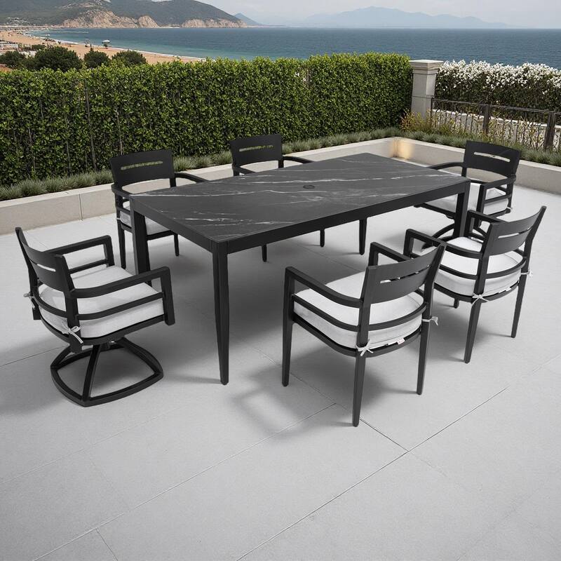 7-Piece Outdoor Patio Aluminum Dining Set with Marble-pattern Tabletop, 2 Swivel Rocker & 4 Armchairs, Umbrella Hole - Black