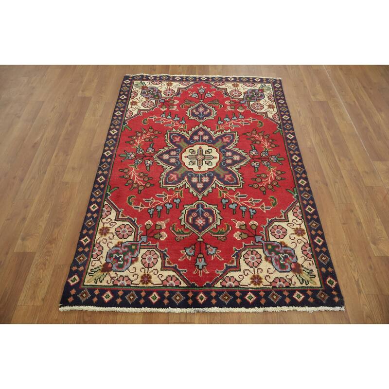 Hand Knotted Oriental 100% Wool Carpet Traditional Geometric Red Tabriz Area Rug - 4' 9'' X 3' 2''