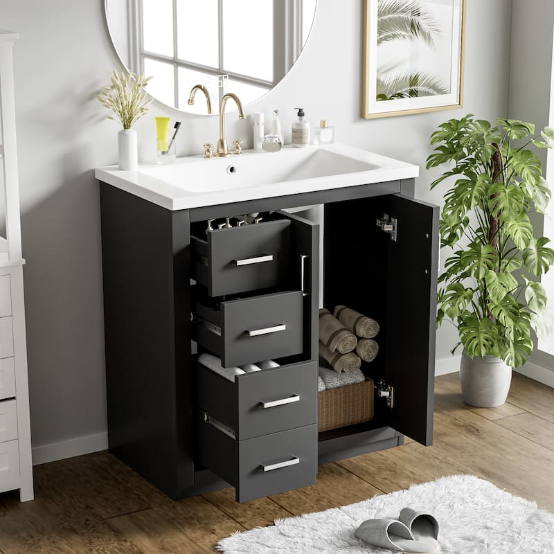 30" Wood Bathroom Vanity with Ceramic Sink and 3 Drawers