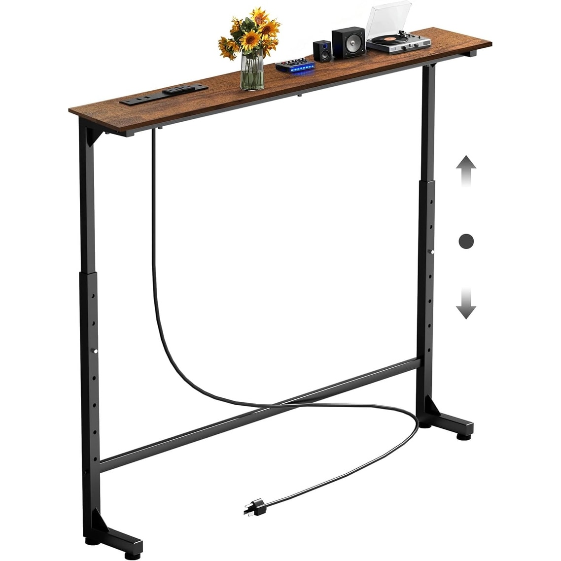 Narrow Console Table with Outlet, Adjustable Height (25"-37"), Behind Sofa Table, Charging Station, Entryway Shelf, Brown