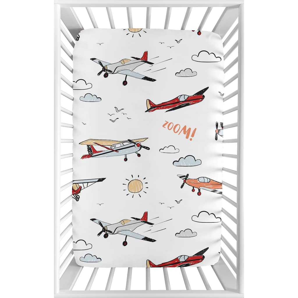 Vintage Airplane Baby Boy Fitted Mini Portable Crib Sheet - Grey Yellow Orange Red White Blue Airplanes Air Plane Transportation