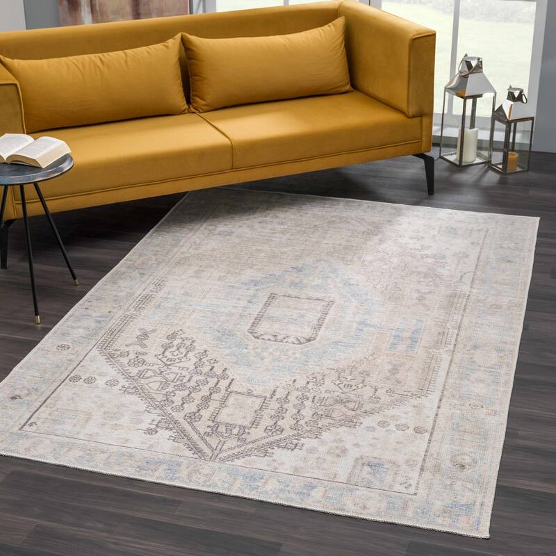 Hauteloom Baloy Hallway, Kitchen Machine Washable Runner Rug - Coral, Denim, Olive - 2'7" x 7'3"
