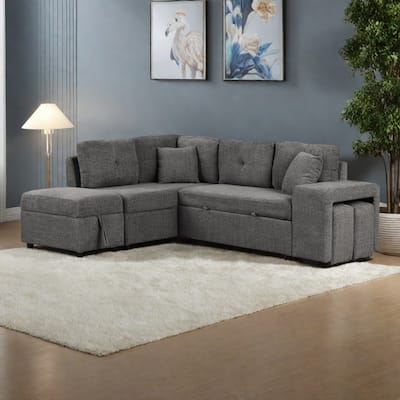 87.7" Chenille Sleeper Sectional Convertible Sofa Bed with Storage Ottoman, Wireless Charging and 2 Stools