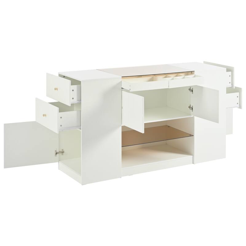 Multi-Functional Island Vanity Dresser and Storage Cabinet with Glass Tabletop, Display Shelf,6 Drawers