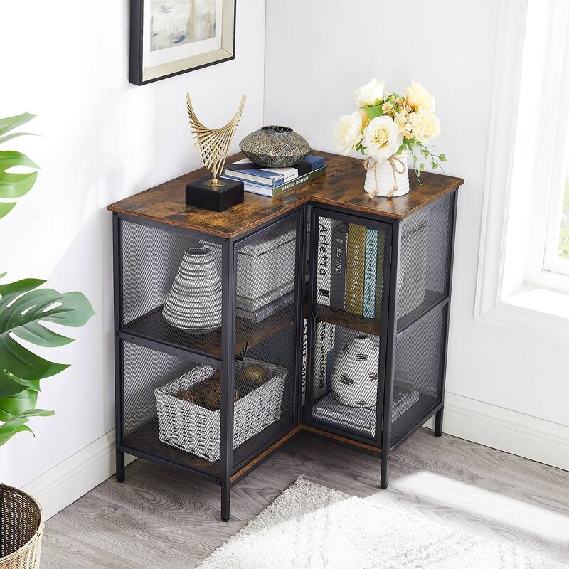 VECELO L-Shaped 3-Tier Corner Cabinet 29.4" End Table with Mesh Doors and Storage Shelves 90° Angle Design Free-Standing Table - 1 PCS - Brown