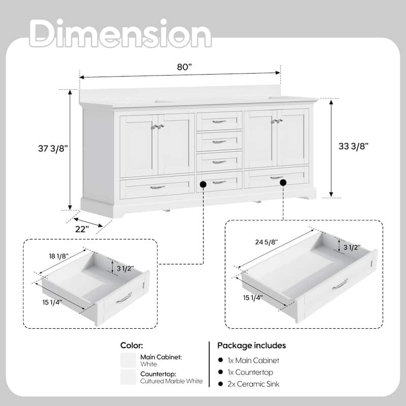 80''W Solid Wood Frame Bathroom Vanity With Pure White Culutered Marble Countertop And Double Sink