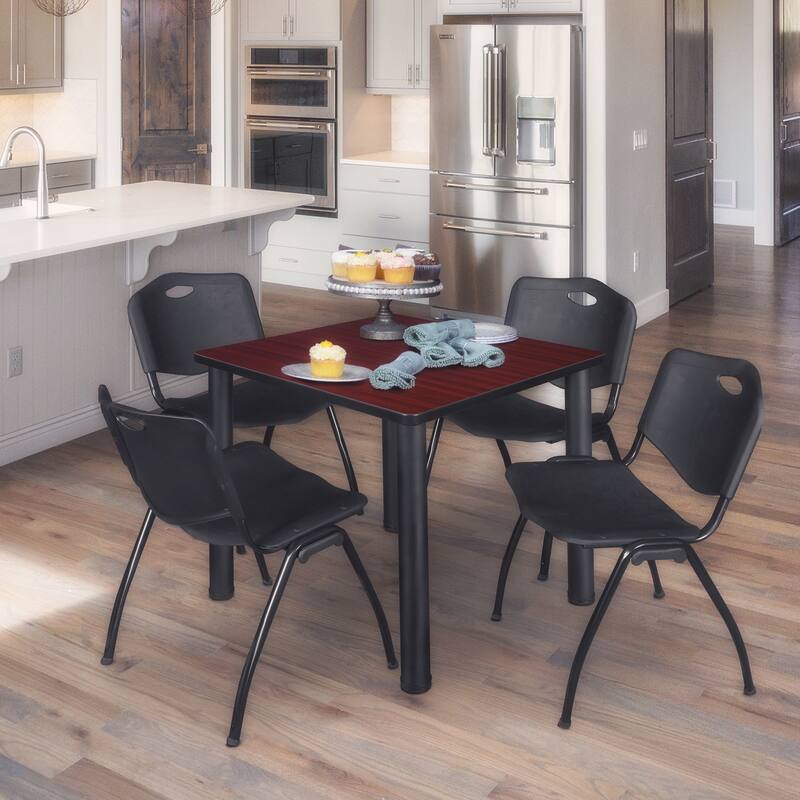 36" Square Breakroom Table- Mahogany/ Black & 4 'M' Stack Chairs- Black - Mahogany, Black - 36