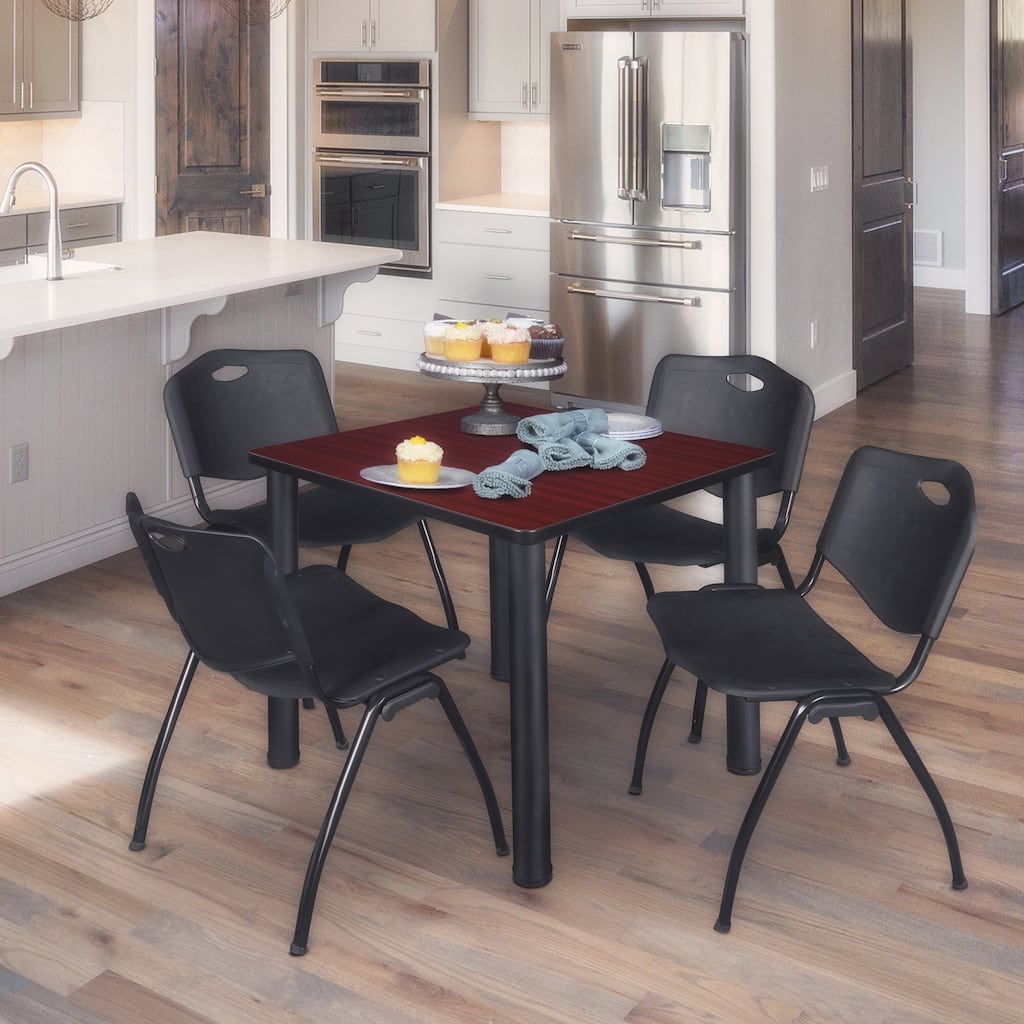 36" Square Breakroom Table- Mahogany/ Black & 4 'M' Stack Chairs- Black - Mahogany, Black - 36