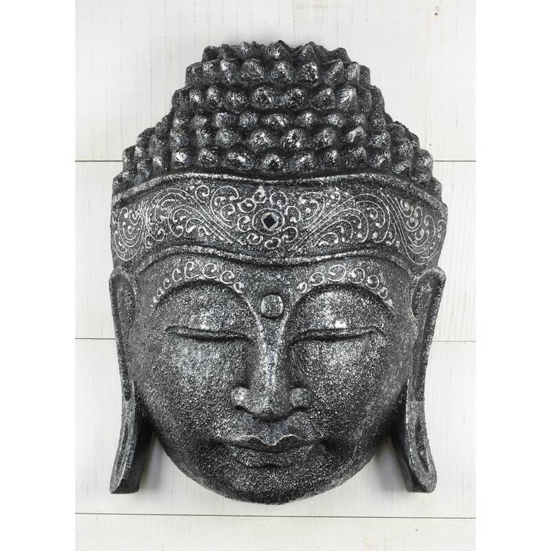 12" Wooden Wall Mask Serene Silver Buddha Head Statue Hand Carved Sculpture Handmade Figurine Gift Home Décor - 12" tall x 8" wide x 3.5" deep
