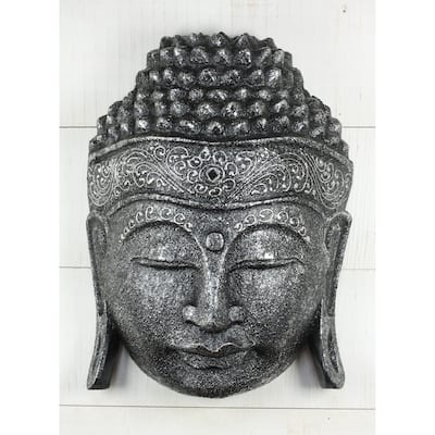 12" Wooden Wall Mask Serene Silver Buddha Head Statue Hand Carved Sculpture Handmade Figurine Gift Home Décor