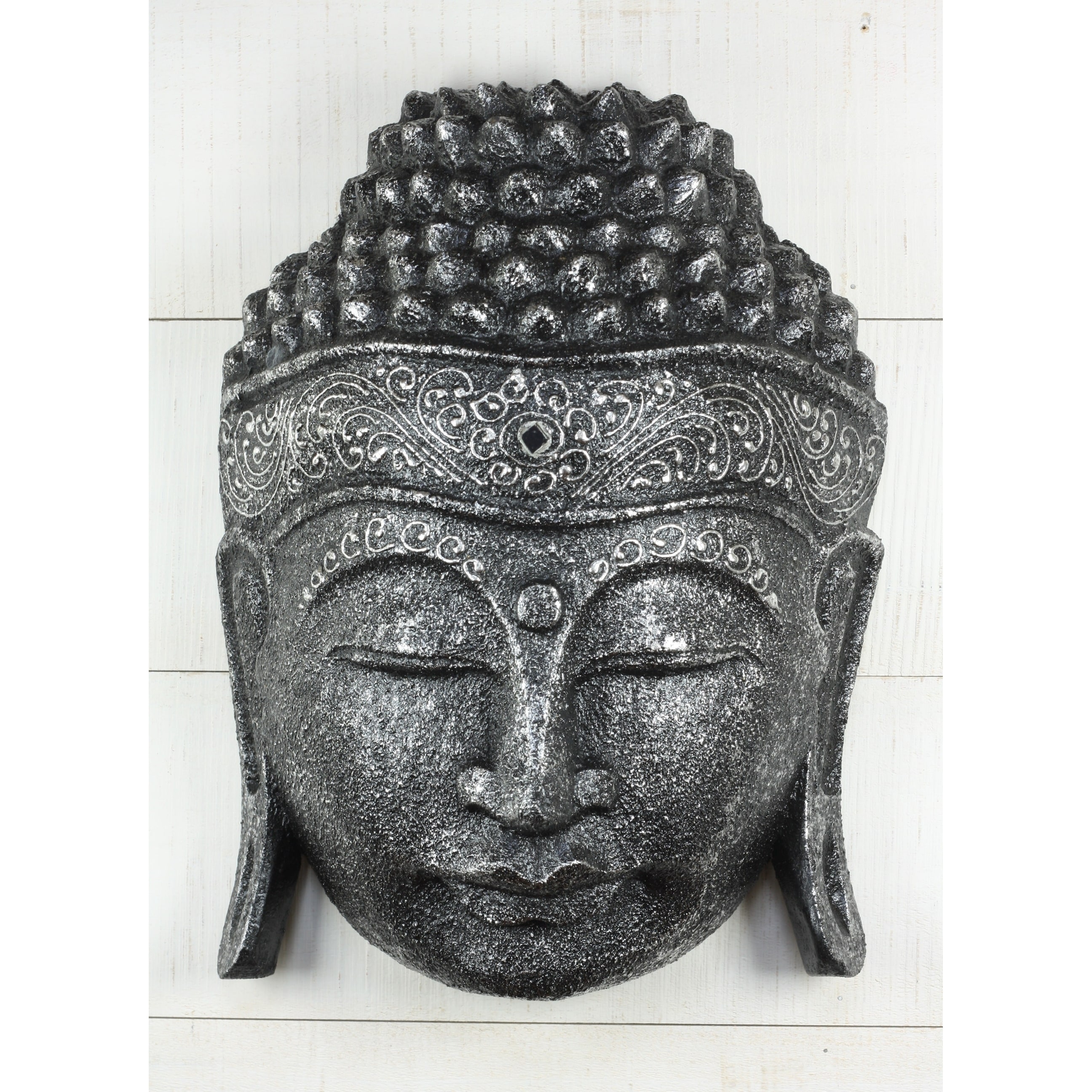 12" Wooden Wall Mask Serene Silver Buddha Head Statue Hand Carved Sculpture Handmade Figurine Gift Home Decor Accent